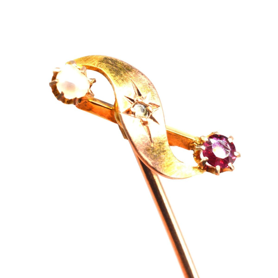 Victorian 9ct Gold Pearl, Ruby and Star - Set Diamond Tie Pin | Parkin and Gerrish | Antique & Vintage Jewellery