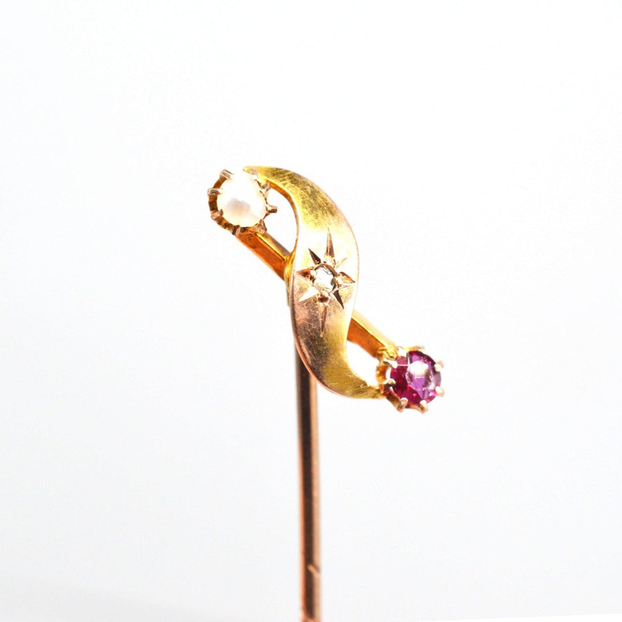 Victorian 9ct Gold Pearl, Ruby and Star - Set Diamond Tie Pin | Parkin and Gerrish | Antique & Vintage Jewellery