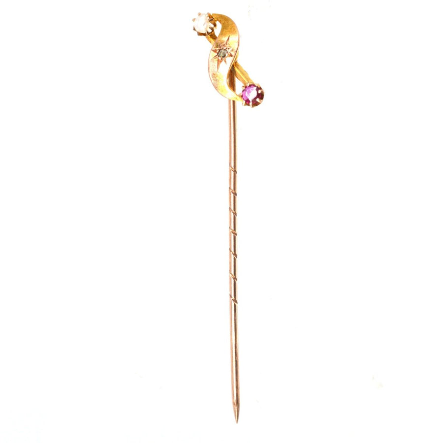 Victorian 9ct Gold Pearl, Ruby and Star - Set Diamond Tie Pin | Parkin and Gerrish | Antique & Vintage Jewellery