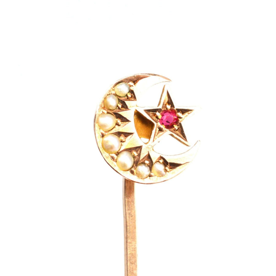 Victorian 9ct Gold Star and Crescent Moon Tie Pin with Seed Pearls and Ruby | Parkin and Gerrish | Antique & Vintage Jewellery