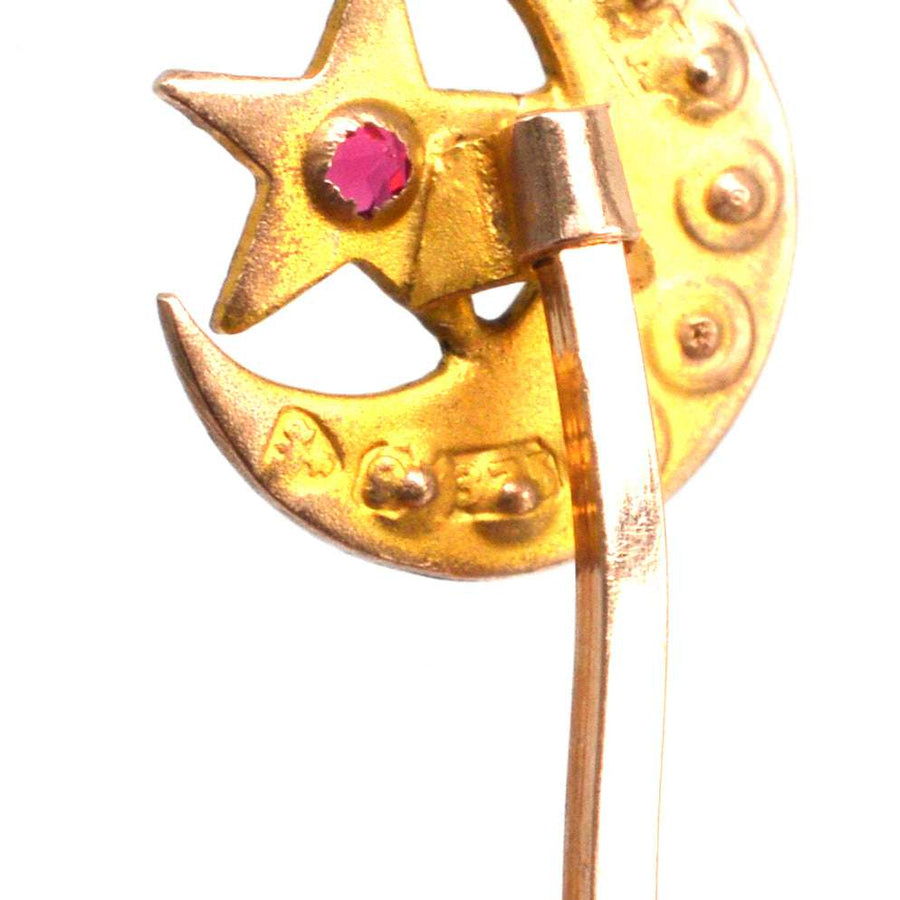 Victorian 9ct Gold Star and Crescent Moon Tie Pin with Seed Pearls and Ruby | Parkin and Gerrish | Antique & Vintage Jewellery