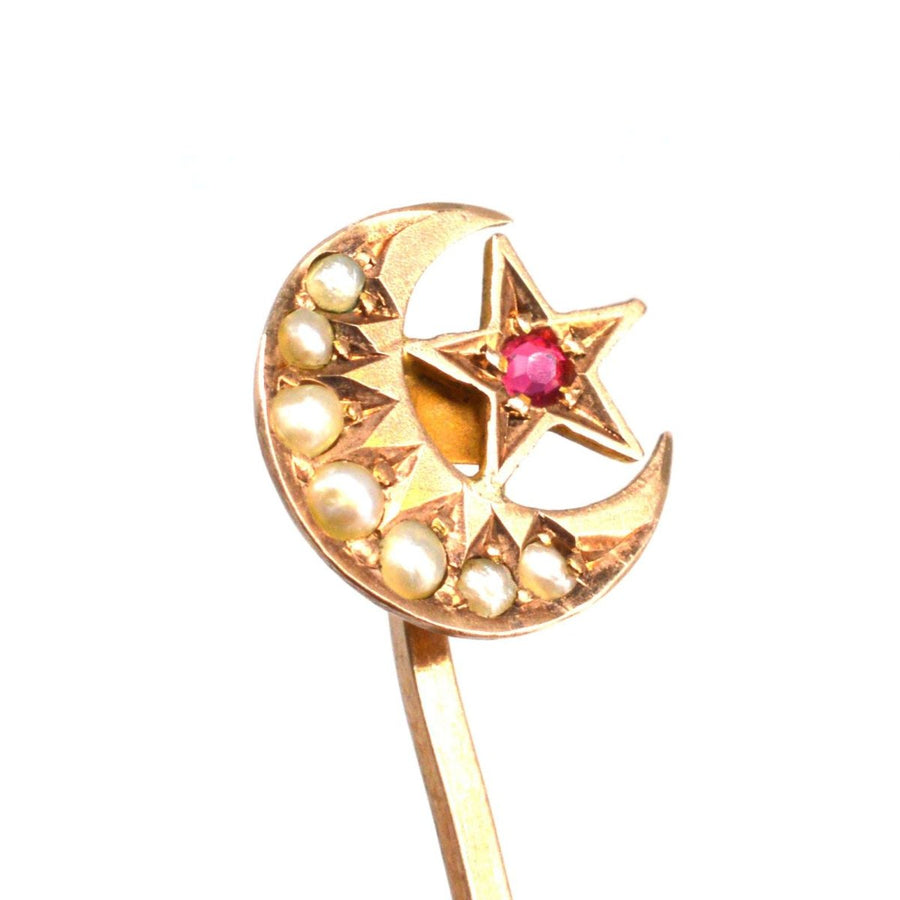 Victorian 9ct Gold Star and Crescent Moon Tie Pin with Seed Pearls and Ruby | Parkin and Gerrish | Antique & Vintage Jewellery