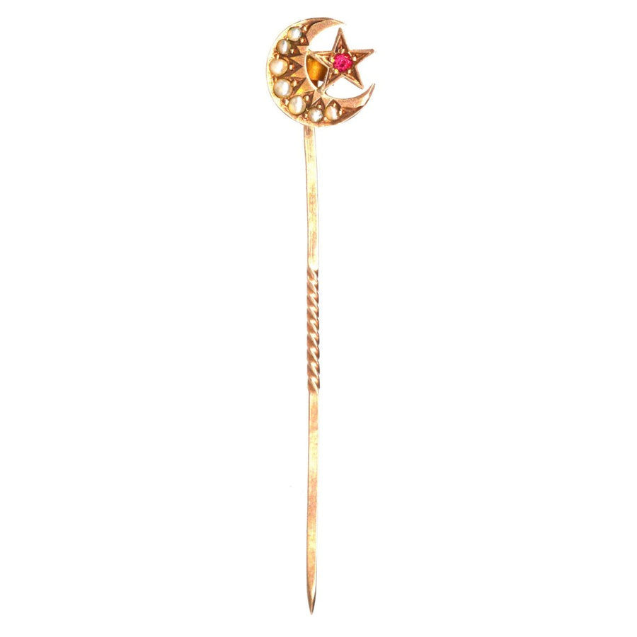 Victorian 9ct Gold Star and Crescent Moon Tie Pin with Seed Pearls and Ruby | Parkin and Gerrish | Antique & Vintage Jewellery