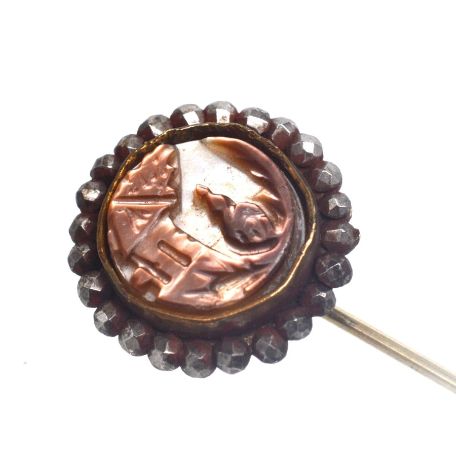 Victorian Cut Steel and Carved Brown Mother of Pearl Tie Pin | Parkin and Gerrish | Antique & Vintage Jewellery