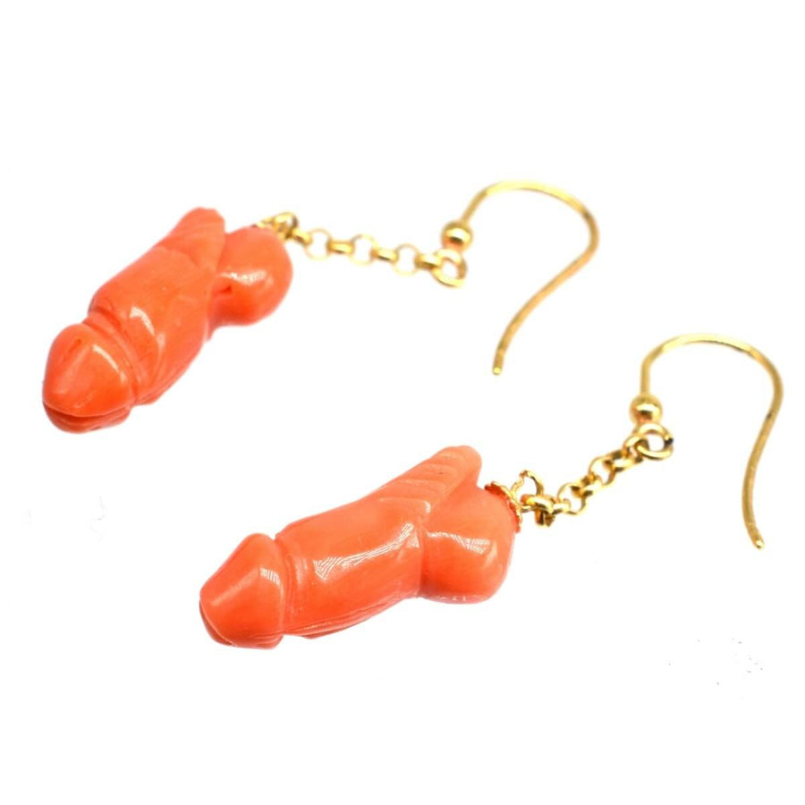 Vintage coral phallus drop earrings in 18ct gold, featuring a unique carved design for bold style.