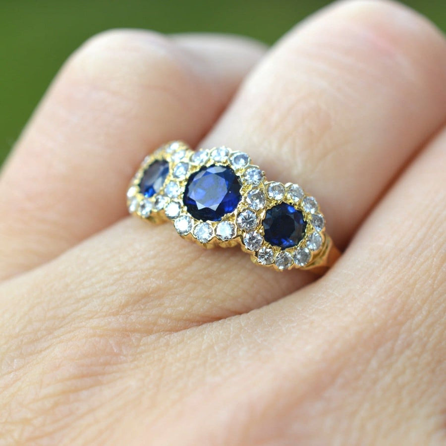 Vintage 18ct Gold Sapphire and Diamond Triple Cluster Ring | Parkin and Gerrish | Antique & Vintage Jewellery