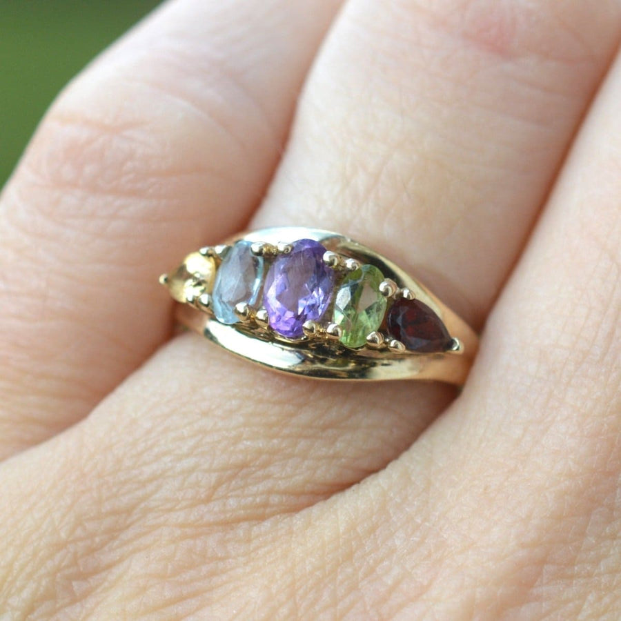 Vintage 9ct Gold Multi Gem Five Stone Ring | Parkin and Gerrish | Antique & Vintage Jewellery