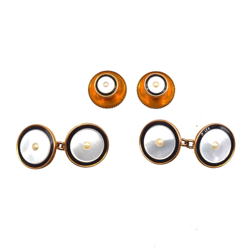 1930s Deco 9ct Gold & Gilt, Onyx and Pearl Cufflinks in Original Case
