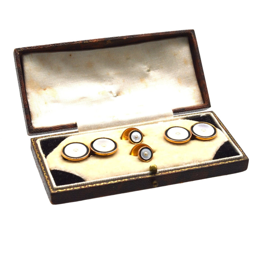 1930s Deco 9ct Gold & Gilt, Onyx and Pearl Cufflinks in Original Case | Parkin and Gerrish | Antique & Vintage Jewellery