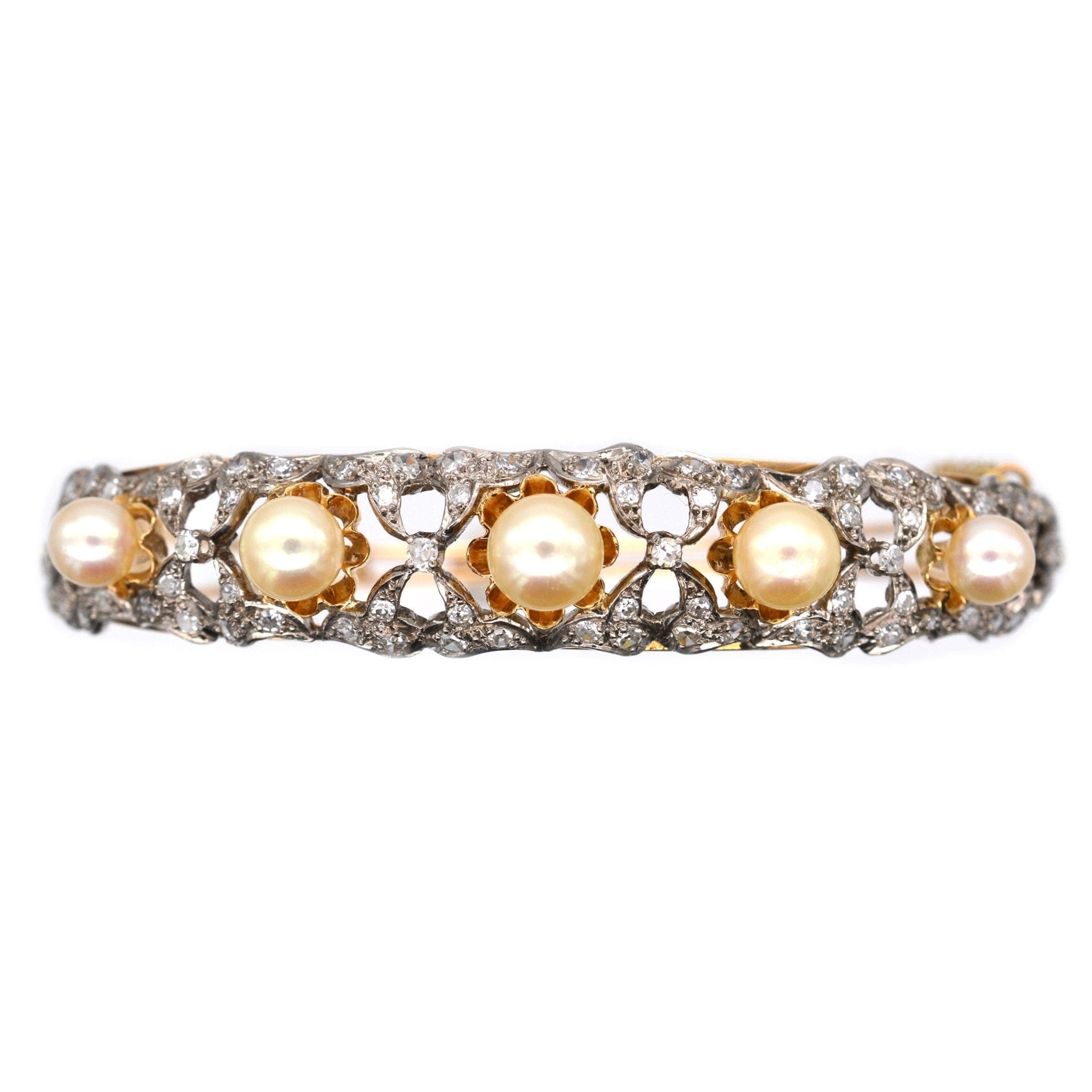 1940s 18ct Gold Cultured Pearl and Diamond Bangle