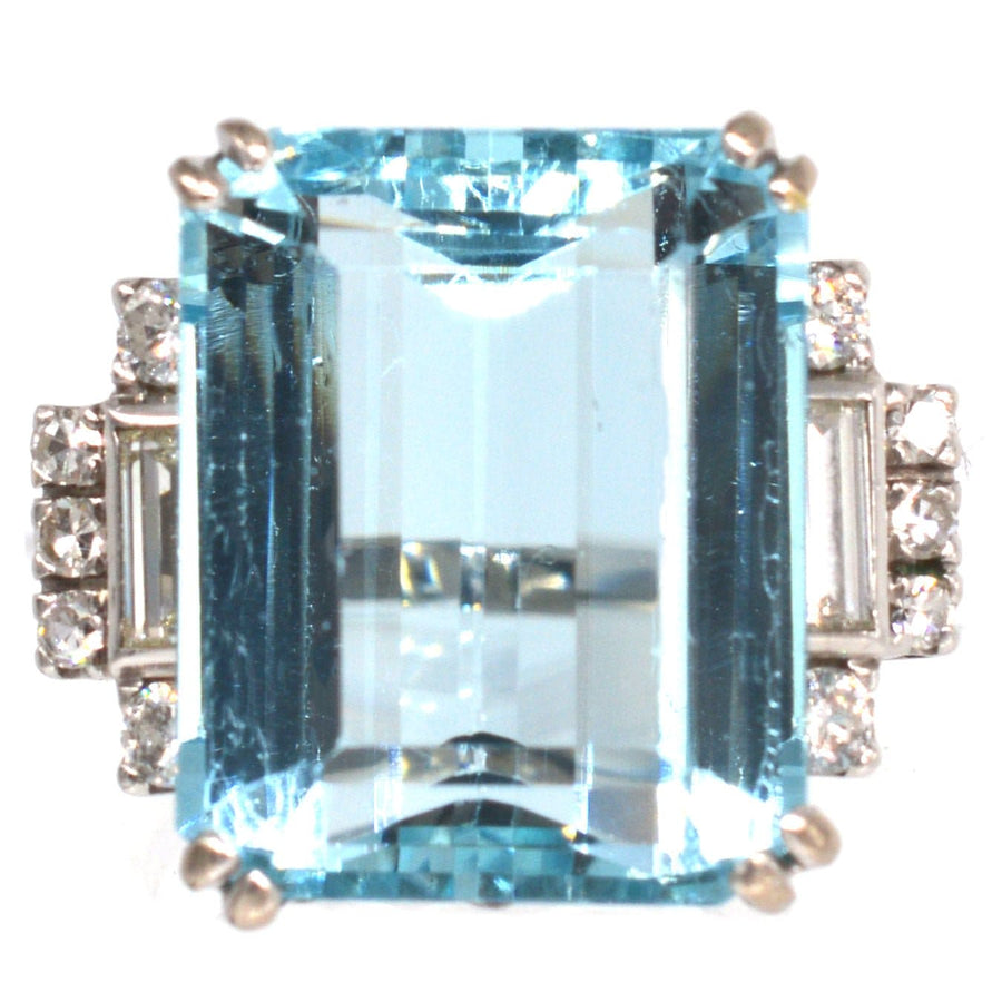 1940s Platinum 15 Carat Aquamarine & Diamond Cocktail Ring | Parkin and Gerrish | Antique & Vintage Jewellery
