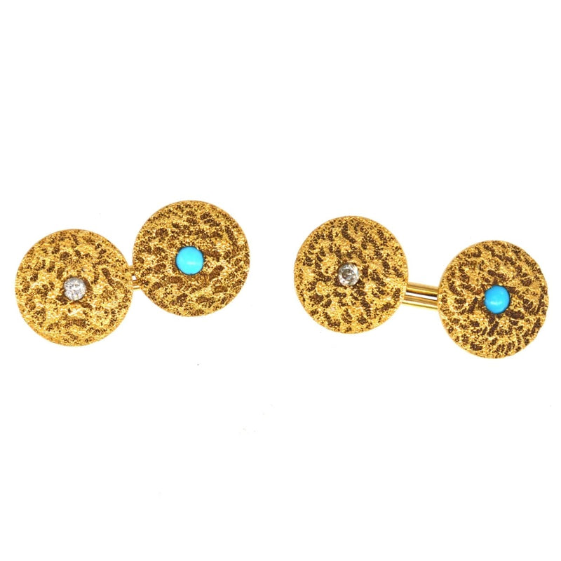 1960s 18ct Gold, Diamond and Turquoise Textured Gold Cufflinks