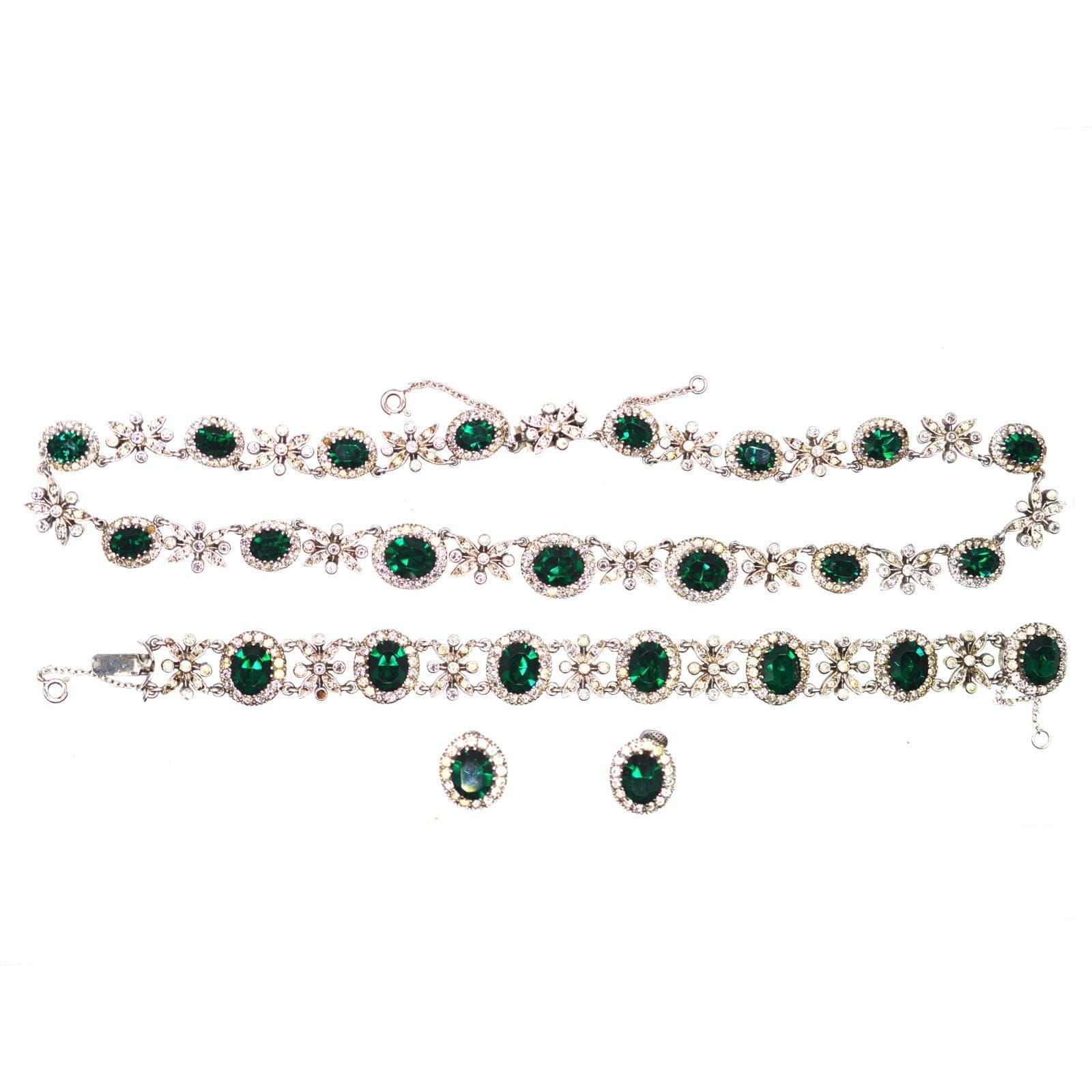 1960s "Green Tourmaline" Paste and "Diamond" Paste Parure- Necklace, Bracelet and Earrings
