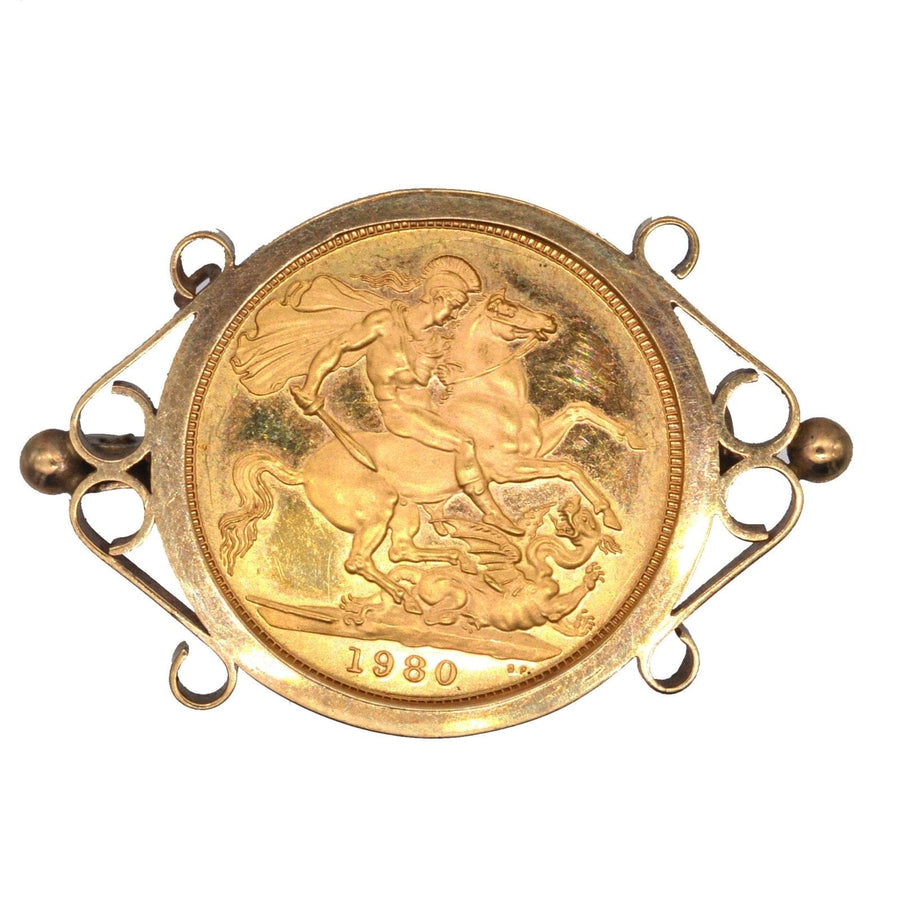 1980 22ct Gold Full Sovereign in a 9ct Gold Brooch Mount with Queen Elizabeth II George & the Dragon | Parkin and Gerrish | Antique & Vintage Jewellery