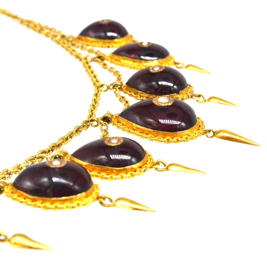 19th Century 15ct Gold, Cabochon Garnet and Seed Pearl Swag Chain Necklace | Parkin and Gerrish | Antique & Vintage Jewellery
