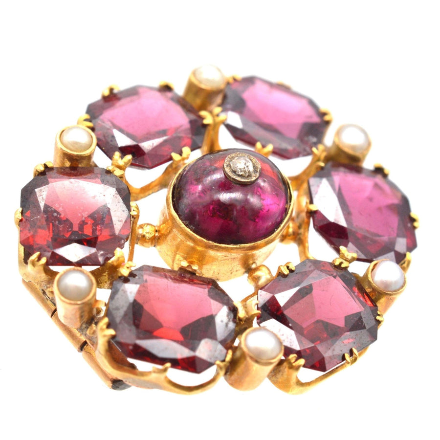 19th Century 18ct Gold Garnet, Pearl and Diamond Brooch | Parkin and Gerrish | Antique & Vintage Jewellery