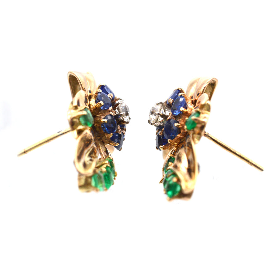 Retro 1940s 18ct Gold Tutti Frutti Earrings with Emerald, Diamond and Sapphire
