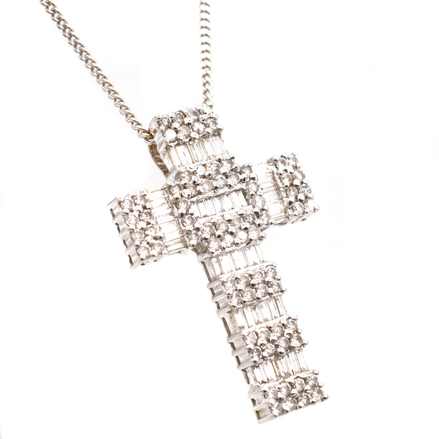 Vintage 1990s 18ct White Gold & 3 Carat Diamond Cross Pendant