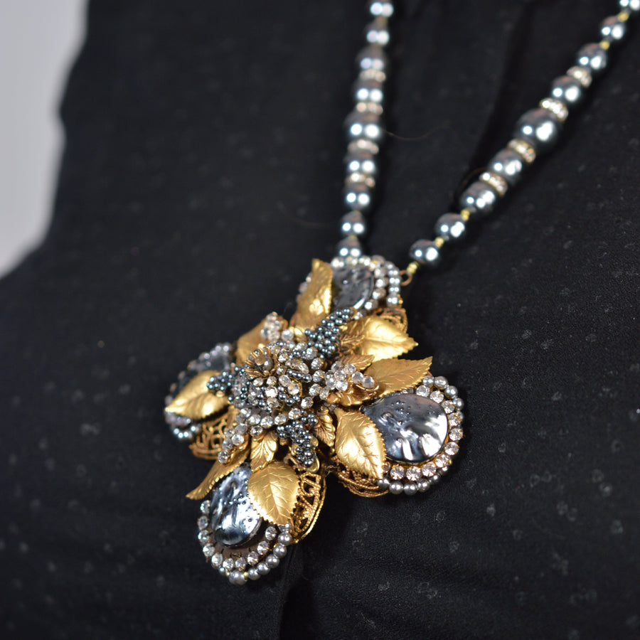 Mid Century Miriam Haskell Gold Gilt, "Black Pearl" and Rhinestone Necklace with a Cross Pendant