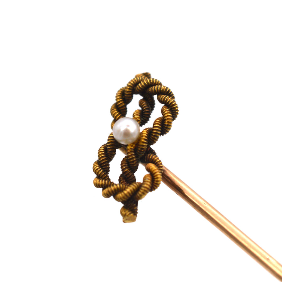 Edwardian 15ct Gold, Lovers Knot & Natural Pearl Tie Pin | Parkin and Gerrish | Antique & Vintage Jewellery