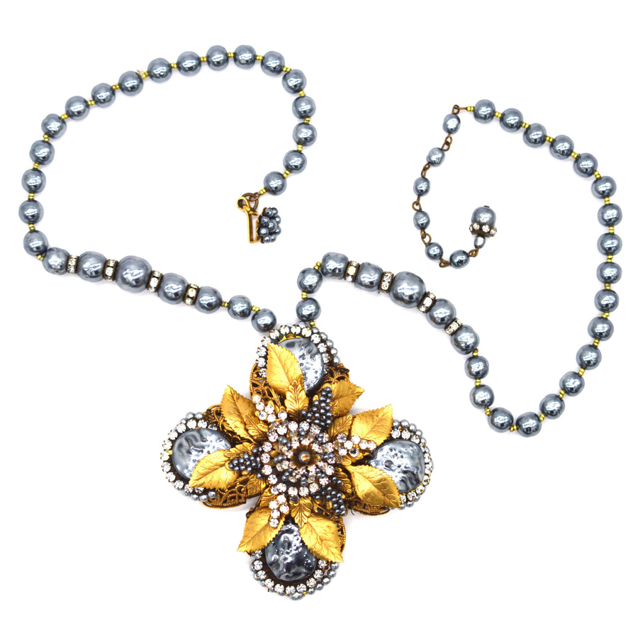Mid Century Miriam Haskell Gold Gilt, "Black Pearl" and Rhinestone Necklace with a Cross Pendant
