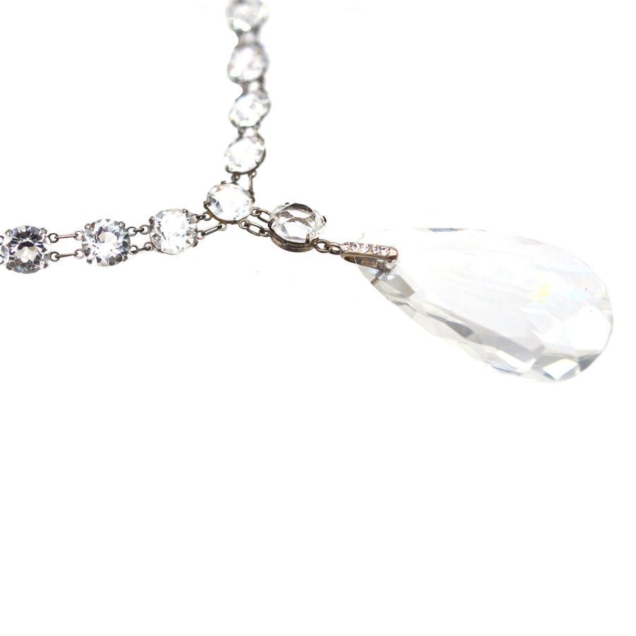 Art Deco Silver Long White Paste Necklace with Paste Pear Pendant