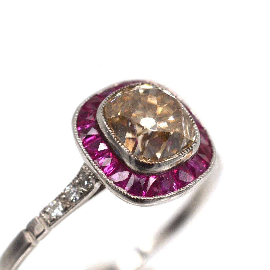 American Art Deco Platinum 1.3 Carat Champagne Old Mine Cut Diamond and Ruby Target Ring | Parkin and Gerrish | Antique & Vintage Jewellery