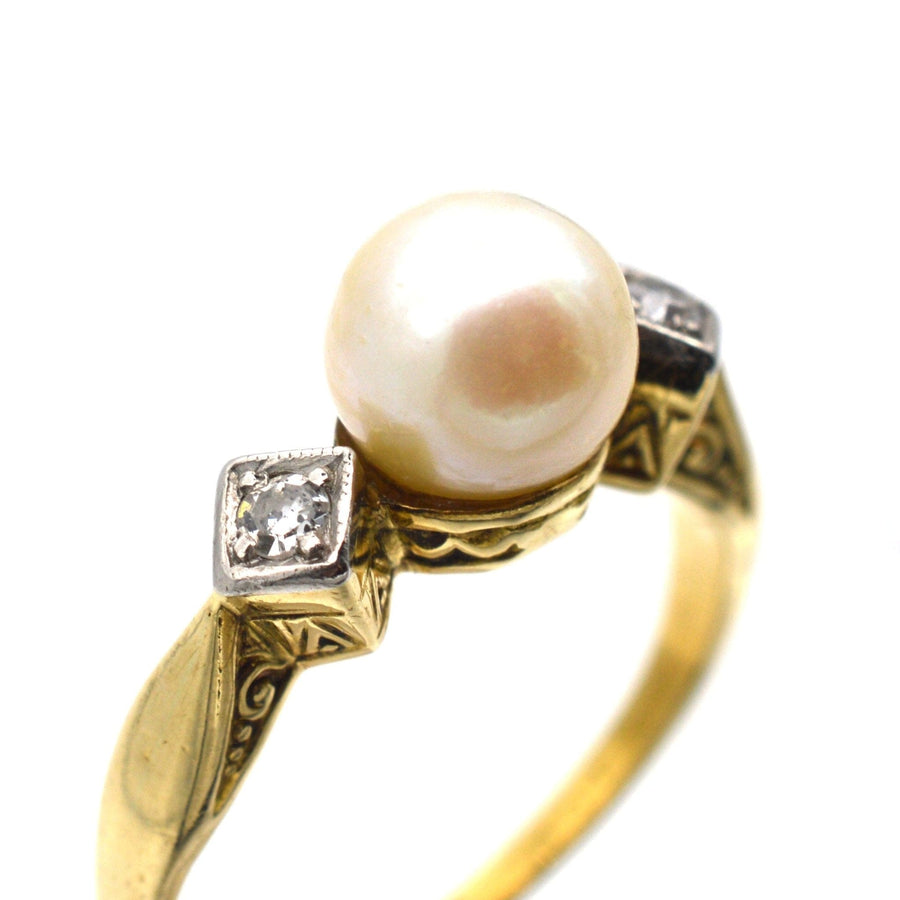 Art Deco 14ct Gold, Cultured Pearl & Diamond Ring | Parkin and Gerrish | Antique & Vintage Jewellery