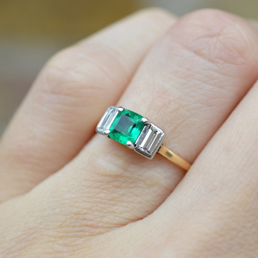 Art Deco 18ct Gold & Platinum, Columbian Emerald & Diamond Three Stone Ring | Parkin and Gerrish | Antique & Vintage Jewellery
