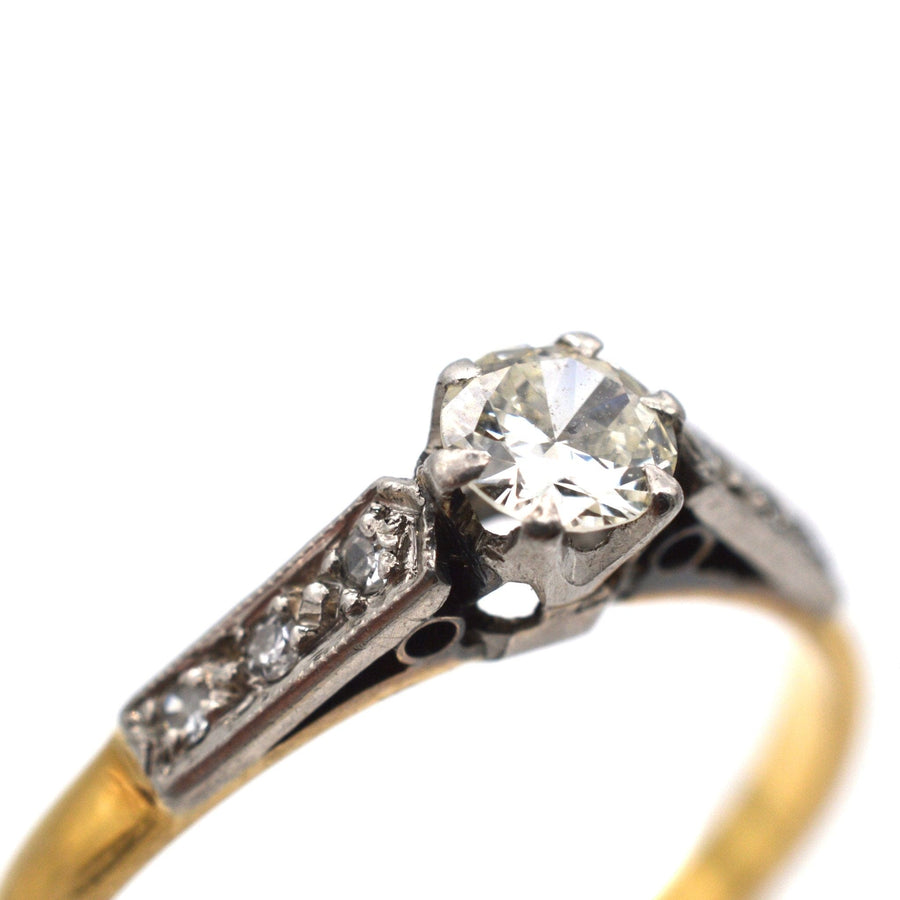 Art Deco 18ct Gold & Platinum, Diamond Solitaire Ring with Diamond Shoulders | Parkin and Gerrish | Antique & Vintage Jewellery