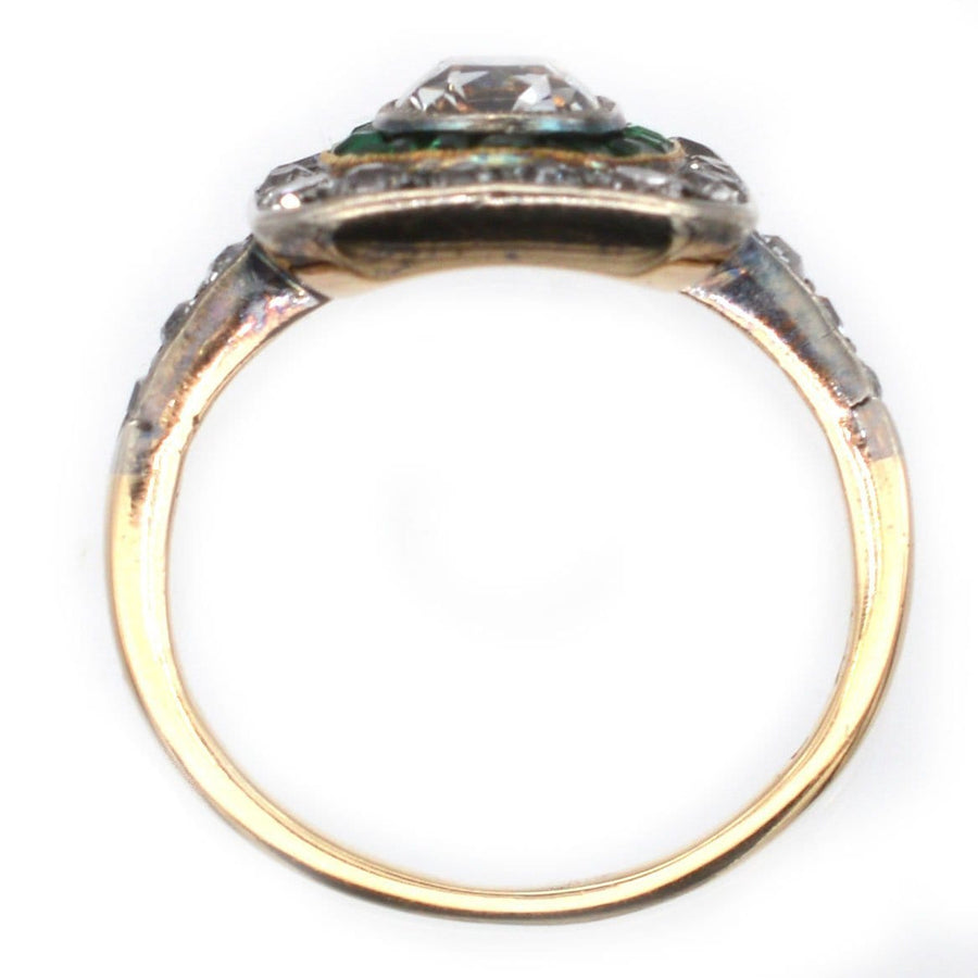 Art Deco 18ct Gold & Platinum, Emerald & Diamond Target Ring | Parkin and Gerrish | Antique & Vintage Jewellery