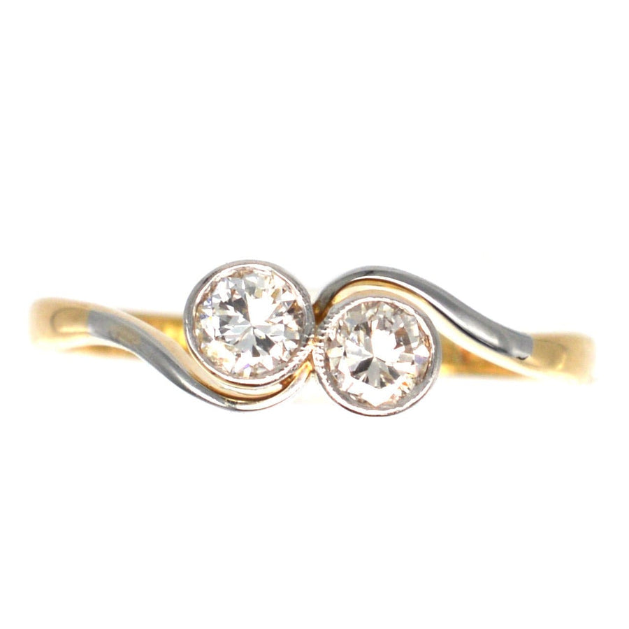 Art Deco 18ct Gold & Platinum, Two Stone Diamond 'Toi et Moi' Crossover Ring | Parkin and Gerrish | Antique & Vintage Jewellery