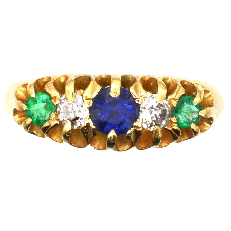 Art Deco 18ct Gold 'Tutti Frutti' Sapphire, Emerald and Diamond Five Stone Ring | Parkin and Gerrish | Antique & Vintage Jewellery