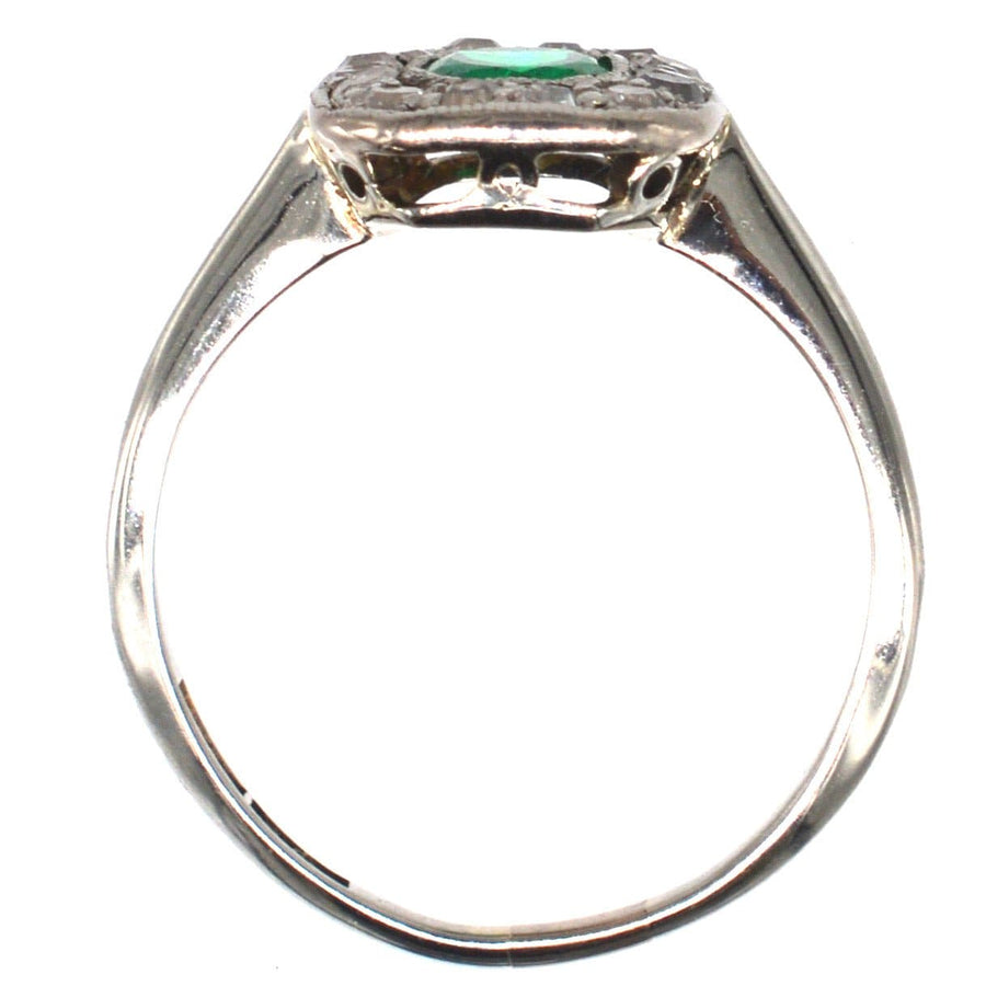 Art Deco 18ct White Gold Emerald and Diamond Cluster Ring | Parkin and Gerrish | Antique & Vintage Jewellery
