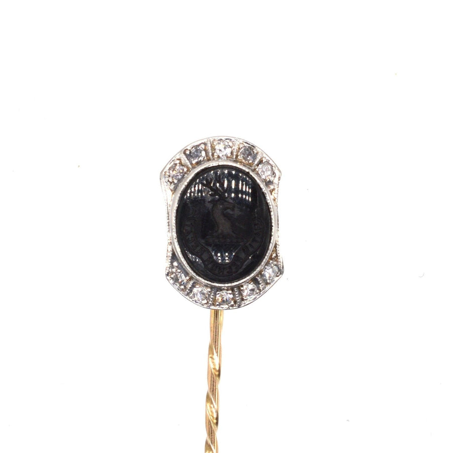 Art Deco 18ct White Gold Onyx Crest Intaglio Tie Pin | Parkin and Gerrish | Antique & Vintage Jewellery