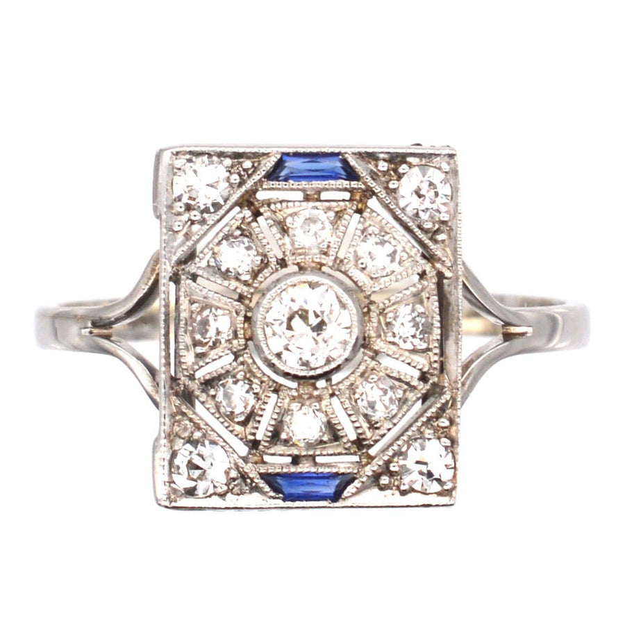 Art Deco 18ct White Gold & Platinum, Diamond & Sapphire Plaque Ring | Parkin and Gerrish | Antique & Vintage Jewellery