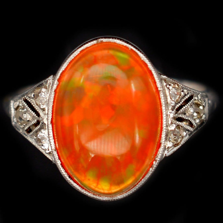 Art Deco 18ct White Gold & Platinum, Natural Mexican Fire Opal with Play of Colour & Diamond Ring | Parkin and Gerrish | Antique & Vintage Jewellery