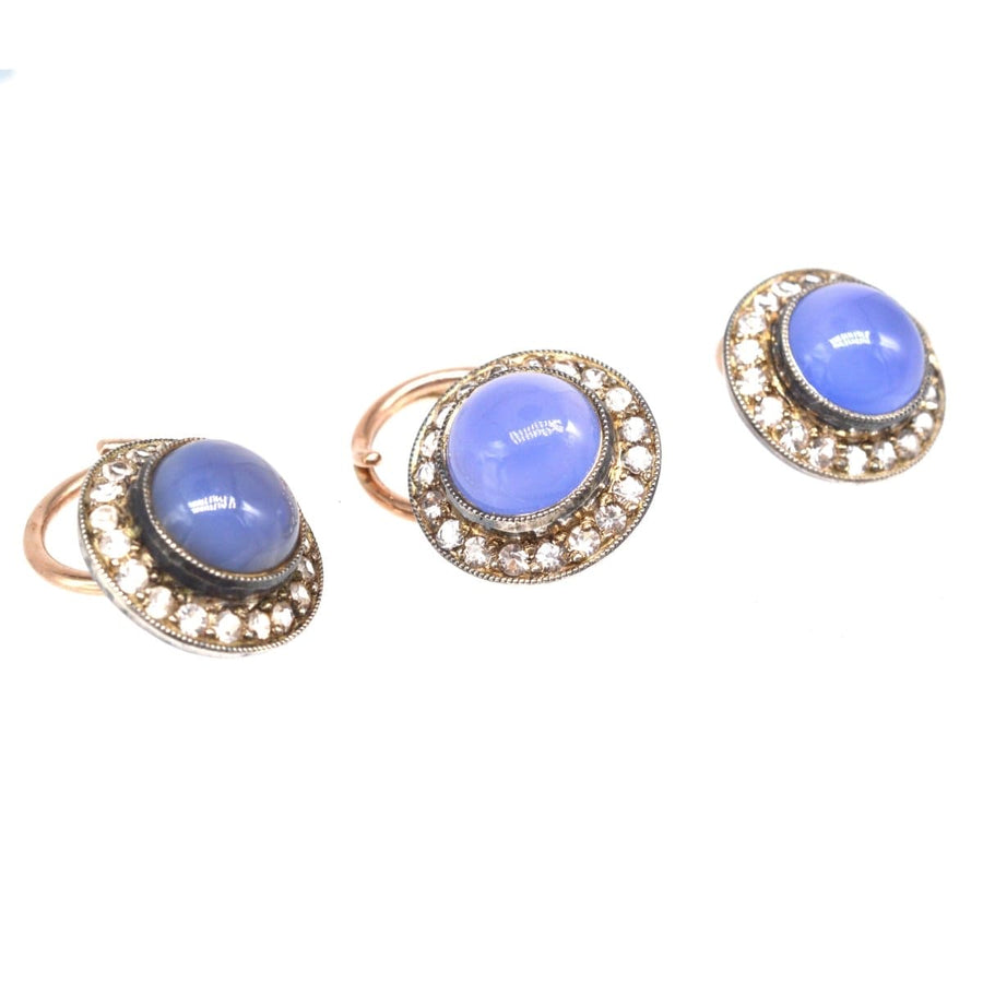 Art Deco 9ct Gold Blue Chalcedony and White Paste Dress Set | Parkin and Gerrish | Antique & Vintage Jewellery