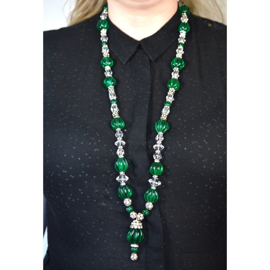 Art Deco "Emerald" Green & White Glass and Rhinestone Beaded Necklace by Miriam Haskell | Parkin and Gerrish | Antique & Vintage Jewellery