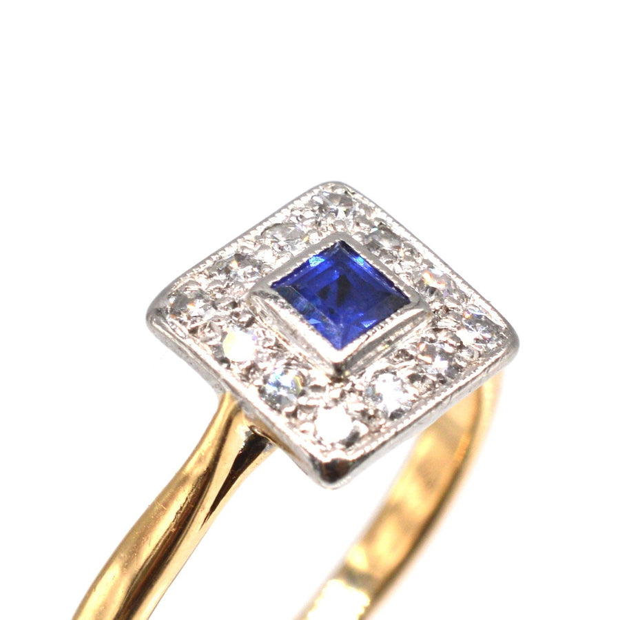 Art Deco Platinum & 18ct Gold, Sapphire and Diamond Square Cluster Ring | Parkin and Gerrish | Antique & Vintage Jewellery