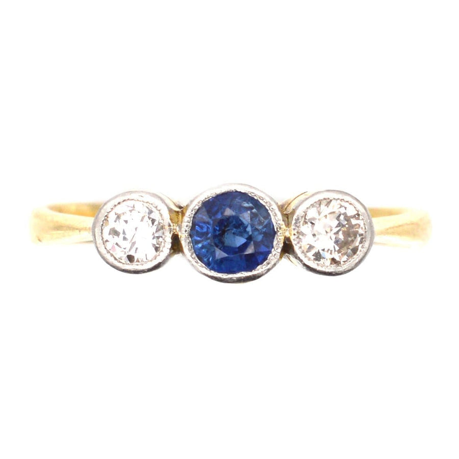 Art Deco Platinum and 18ct Gold, Three Stone Sapphire and Diamond Bezel Ring | Parkin and Gerrish | Antique & Vintage Jewellery