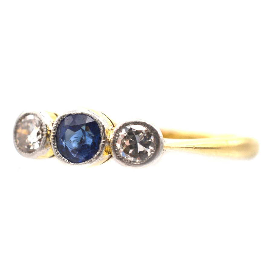 Art Deco Platinum and 18ct Gold, Three Stone Sapphire and Diamond Bezel Ring | Parkin and Gerrish | Antique & Vintage Jewellery