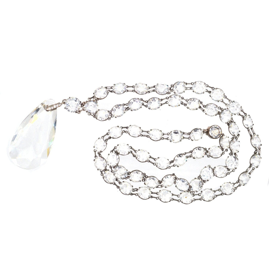 Art Deco Silver Long White Paste Necklace with Paste Pear Pendant | Parkin and Gerrish | Antique & Vintage Jewellery
