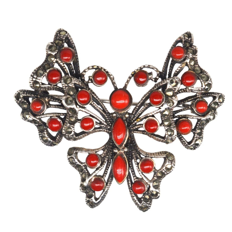 Art Deco Silver Marcasite & Synthetic Red Coral Butterfly Brooch / Pendant | Parkin and Gerrish | Antique & Vintage Jewellery