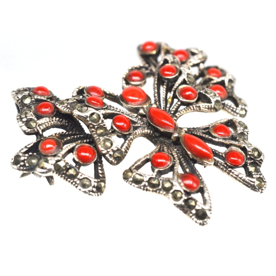 Art Deco Silver Marcasite & Synthetic Red Coral Butterfly Brooch / Pendant | Parkin and Gerrish | Antique & Vintage Jewellery