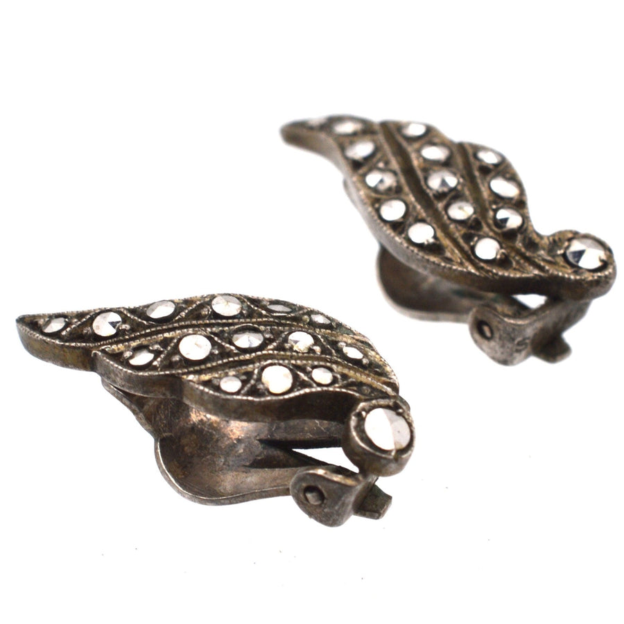 Art Deco Silver Marcasite Winged Clip On Earrings | Parkin and Gerrish | Antique & Vintage Jewellery