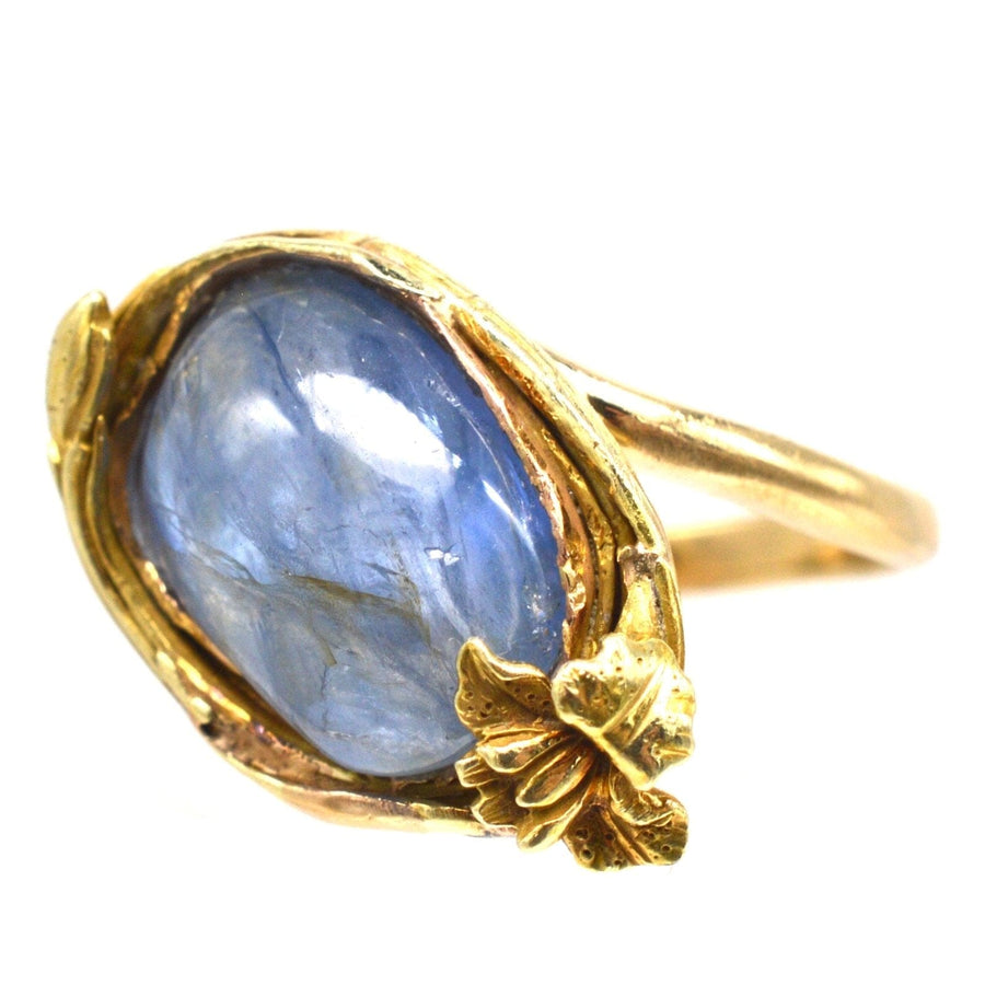 Art Nouveau 18ct Gold Double Cabochon Sapphire Ring with a Flower and Bud | Parkin and Gerrish | Antique & Vintage Jewellery