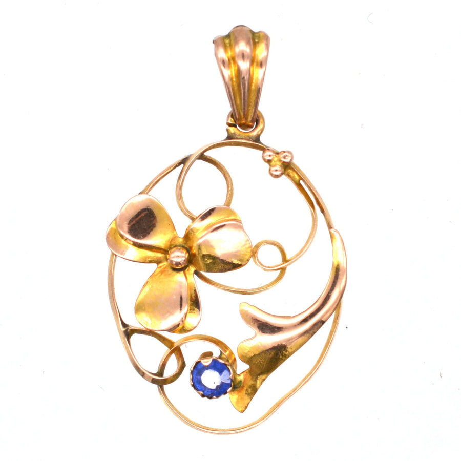 Art Nouveau 9ct Gold Floral Pendant with a Sapphire | Parkin and Gerrish | Antique & Vintage Jewellery
