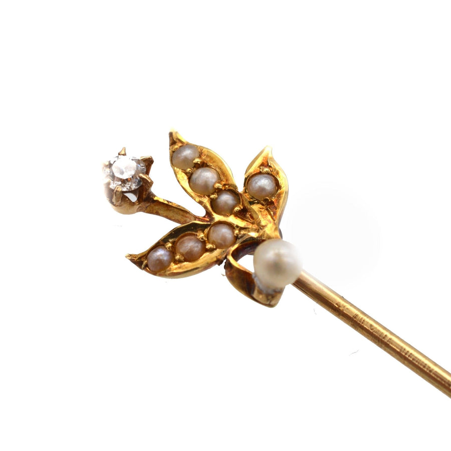 Edwardian 14ct Gold, Natural Pearl Leaves and a Diamond Flower Tie Pin | Parkin and Gerrish | Antique & Vintage Jewellery