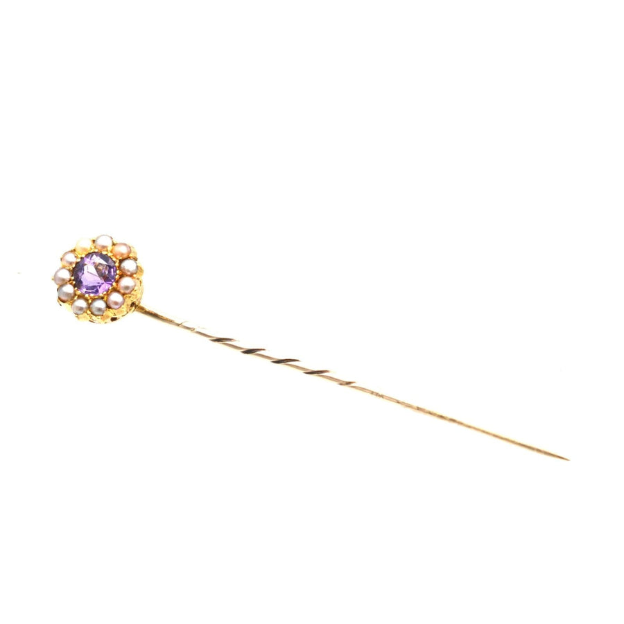 Edwardian 15ct Gold, Amethyst and Pearl Pin | Parkin and Gerrish | Antique & Vintage Jewellery